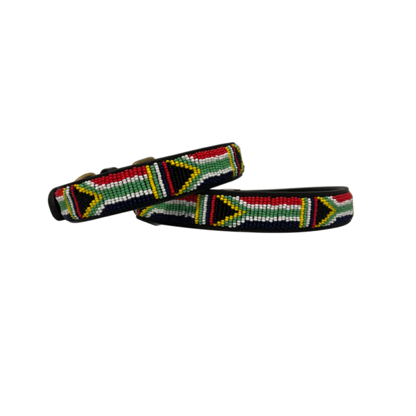 Leather collar with beads in the shape of the South African flag