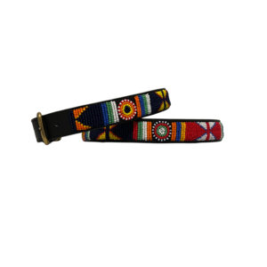 Leather belt with various colourful patterns made with beads