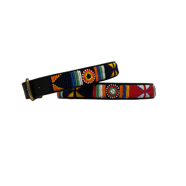 Leather belt with various colourful patterns made with beads
